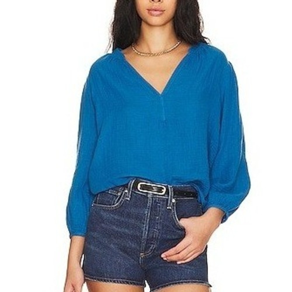 Velvet by Graham & Spencer Maggie Blouse Baltic Blue Cotton Gauze XL Casual Boho